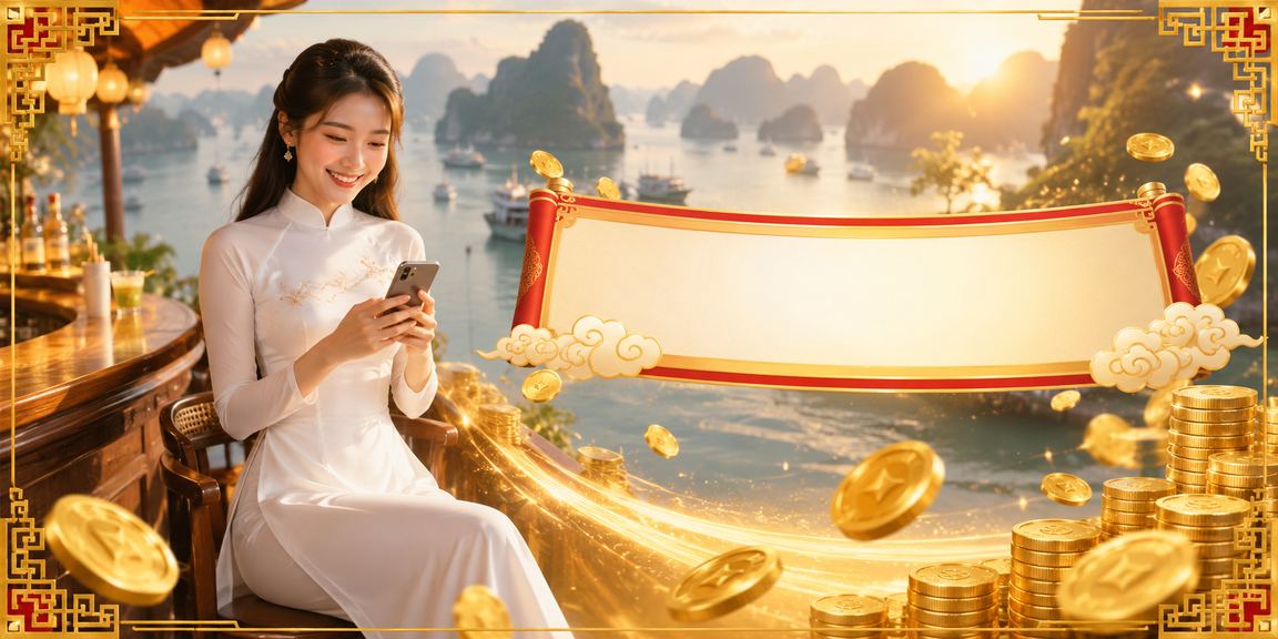 Người phụ nữ mặc áo dài Việt Nam cầm điện thoại xem giải thưởng casino tại vịnh Hạ Long